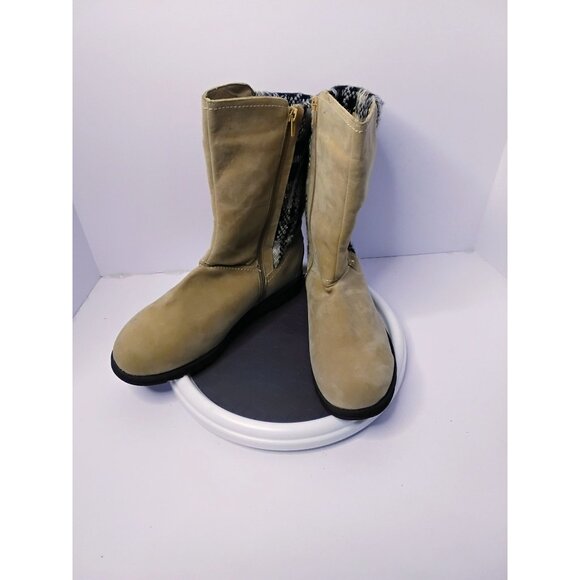 Tan Mid-Calf Winter Boots With Plaid Knit Cuffs Faux Suede Upper Faux Fur Lining - Picture 2 of 8